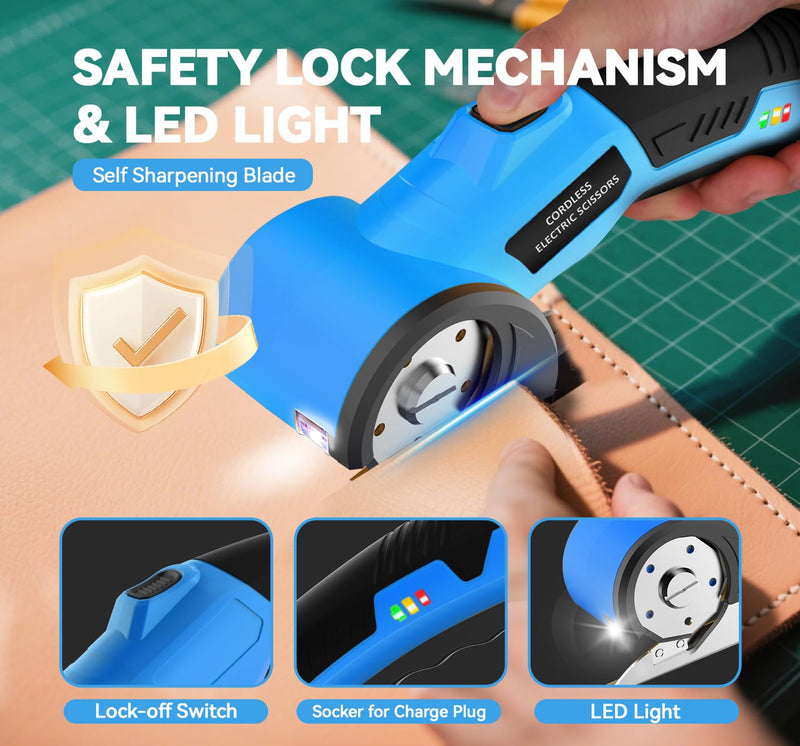 Cordless Electric Scissors,4V Rechargeable Cardboard Cutter Heavy Duty Scissor with Safety Lock & LED Light for Box Carpet Plastic Fabric(Blue)