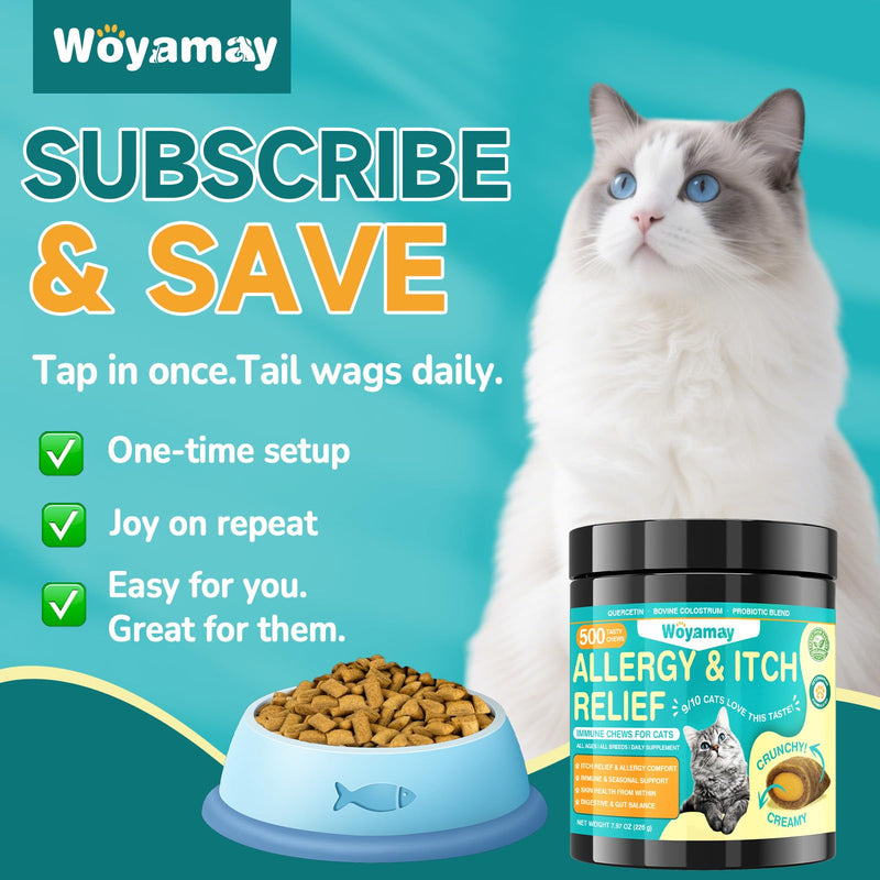 Woyamay Cat Allergy Relief for Cats, 500 Crunchy & Creamy Anti-Itch and Immunity Chews for Itchy Skin, Paws, Eyes, Ears| Stop Licking & Scratching, Supports Seasonal Itching, Chicken Flavor