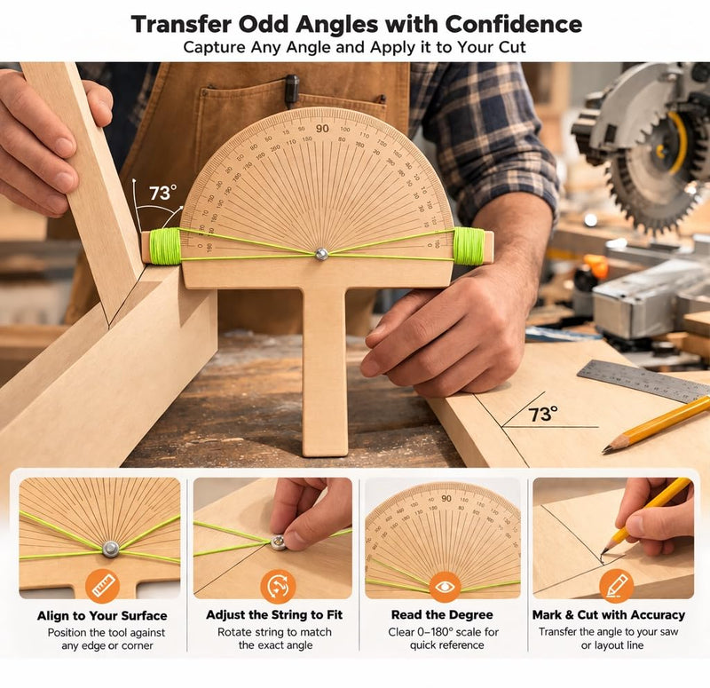 Precision Angle Finder Ruler - Handcrafted Birch Wood Degree Protractor Tool Miter Ruler - 0–180° Woodworking Layout Tool Gifts for Dad Men Precision wood degree tool