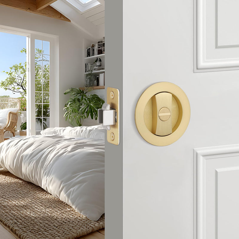 EHOMEWARE 2 Pack Brushed Gold Pocket Door Lock, Keyless Pocket Door Hardware, Round Pocket Door Handles for Sliding/Bifold Doors, Flush Pocket Door Privacy Lock Privacy Door Lock-2 Pack Satin Brass