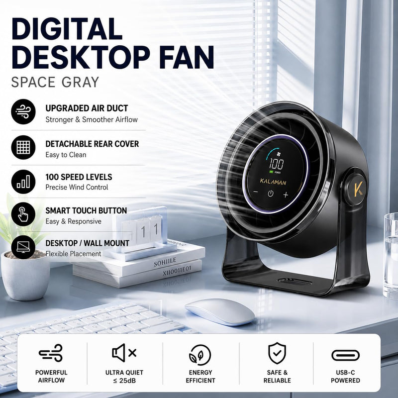 KALAMAN Desk Fan, 4000mAh Quiet Table Fan with Turbo Airflow, 6-Gear Speed Digital Display & 30° Adjustable Tilt, Rechargeable Battery Portable Fan for Home, Office, Travel (Black K4) Black K4