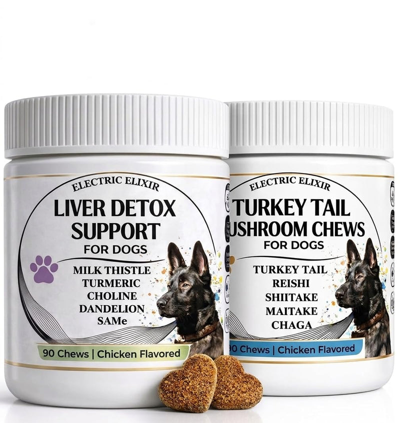 Advanced Liver Support & Turkey Tail Mushroom Chews for Dogs – Milk Thistle, Same, Turmeric & Organic Mushroom Blend – Immune, Liver, Kidney, Gut & Joint Health Support – 90 + 90 Chews