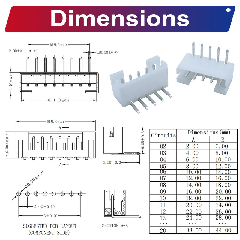 JST Connector Kit, PH2.0 DIP Header Jst 2mm Pitch IC Socket Plugs Adapter, JST-PH 2/3/4/5/6/7/8/9/10/12Pin DIP Header Side Type Right Angle Type Header (PH2.0-DIP-R/A) JST-2.0MM-PH-DIP-Right Angle Header