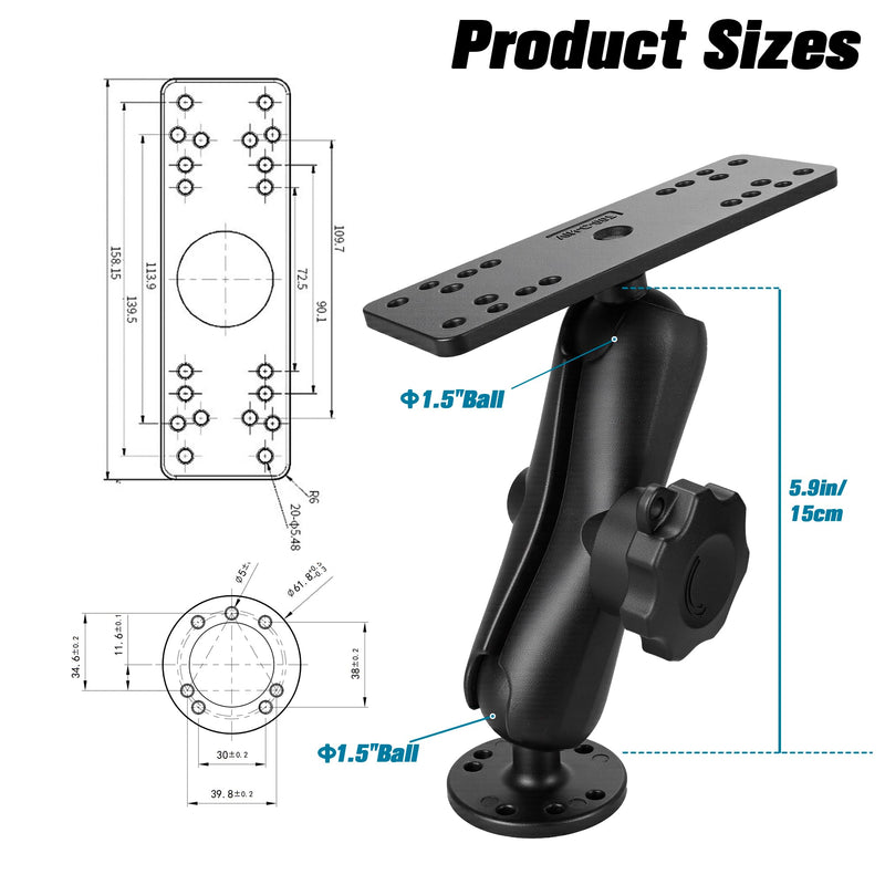 Aluminum Anti-Theft Knob Fish Finder Mount with 1.5" / C Size Ball, 5.9'' Long Arm Marine Electronic Mount,Saltwater Resistant Aluminum Bracket Compatible with Garmin, Lowrance and More Anti-Theft-Medium Sized