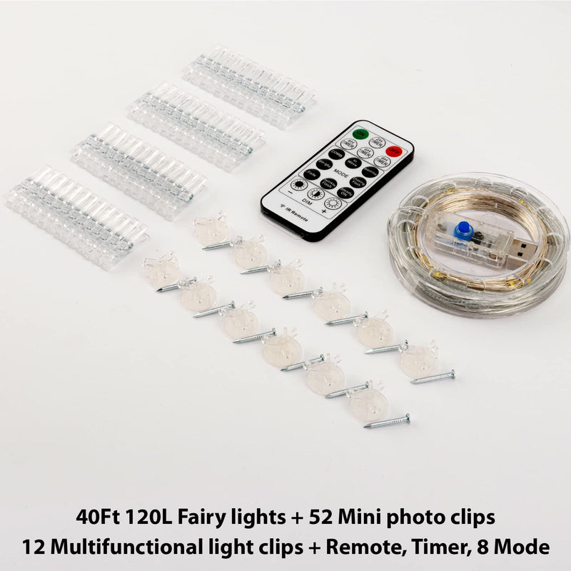HXWEIYE 120LEDs Photo String Light, Warm White 40Ft Fairy Light with 52 Clear Clips & 12 Hooks on Wall, Timer & 8 Modes USB Powered Copper Wire Light for Hanging Picture, Bedroom Party 8 Mode USB Powered-120LEDs