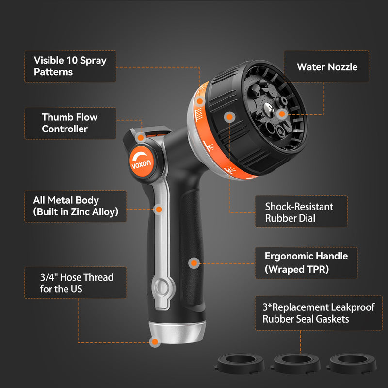 VOXON Hose Nozzle Heavy Duty 10 Spray Patterns - Metal Garden Water Hose Sprayer with Thumb Flow Control | On Off Valve, High Pressure Nozzle Sprayer for Lawn & Plant Watering, Car & Pet Washing With Replacement Seal Gaskets Black