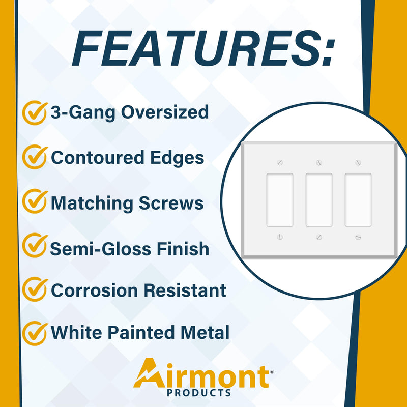 3-Gang Oversized White Metal Rocker Switch Wall Plate – 7.5" x 5.5" Jumbo GFCI Outlet Cover, Heavy-Duty Painted Steel, Corrosion-Resistant with Matching Screws, Universal Electrical Fit, Made in USA 3-Gang