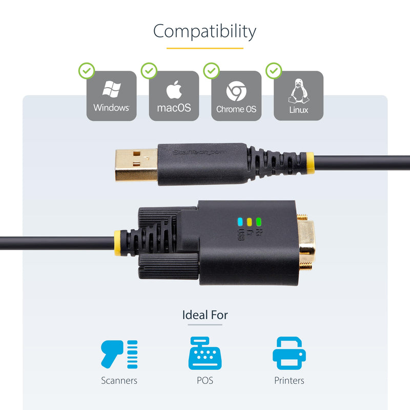 StarTech 3ft USB to Serial Adapter Cable, FTDI (1P3FFCB-USB-SERIAL) | USB-A to DB9 RS232, Interchangeable DB9 Screws Nuts, COM Retention, LED Indicators 3.3ft