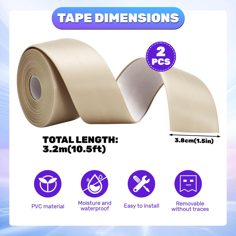 2 Rolls Caulk Tape Waterproof Self Adhesive, Toilet Caulk Strip Sealant Tape Sealing Strip for Bathroom, Kitchen, Shower, Bathtub Caulking Tape, 1.5" x 10.5Ft, Beige