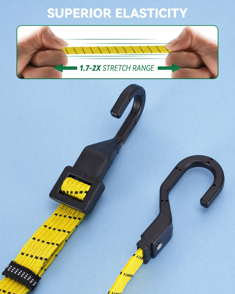 6 Pcs 48 Inch Flat Adjustable Bungee Cords with Hooks, 3X Faster to Adjust The Length, Lucky Straps Black/Yellow Heavy Duty Bungee Straps for Cargo, Bike, Cart, Tent, Truck, Camping, Outdoor, etc