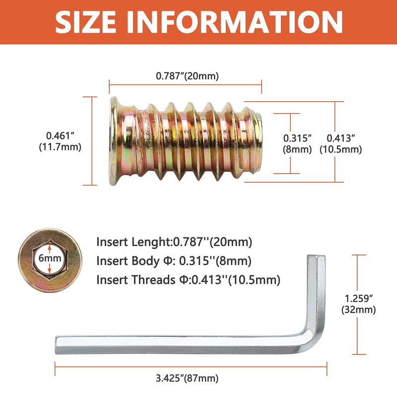 40 Pcs Threaded Inserts, M6 x 20 Threaded Inserts, Nut Threaded Wood Inserts with Hex Spanner, Carbon Steel Furniture Screw in Nut Threaded, Bolt Fastener Connector for Wood Furniture Gold M6*20mm