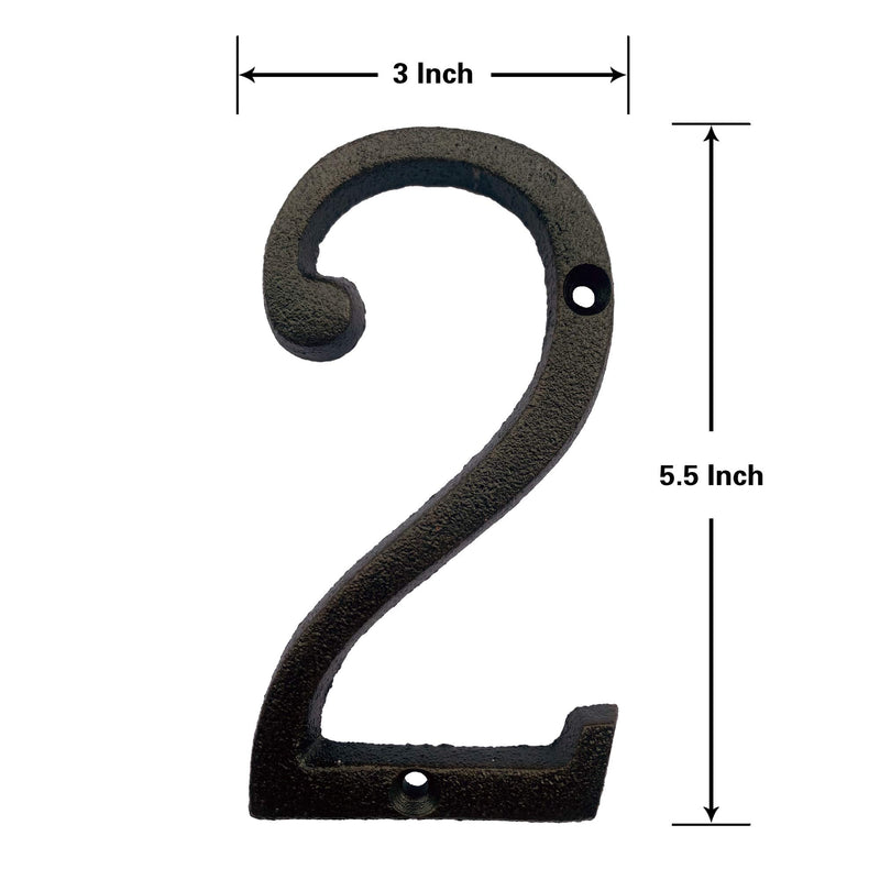 BetLight 5.5 Inch High Cast Iron House Number, Solid Home Address Numbers, Elegant Black Brown Finished, Easy Install With Matching Screws, Number 2