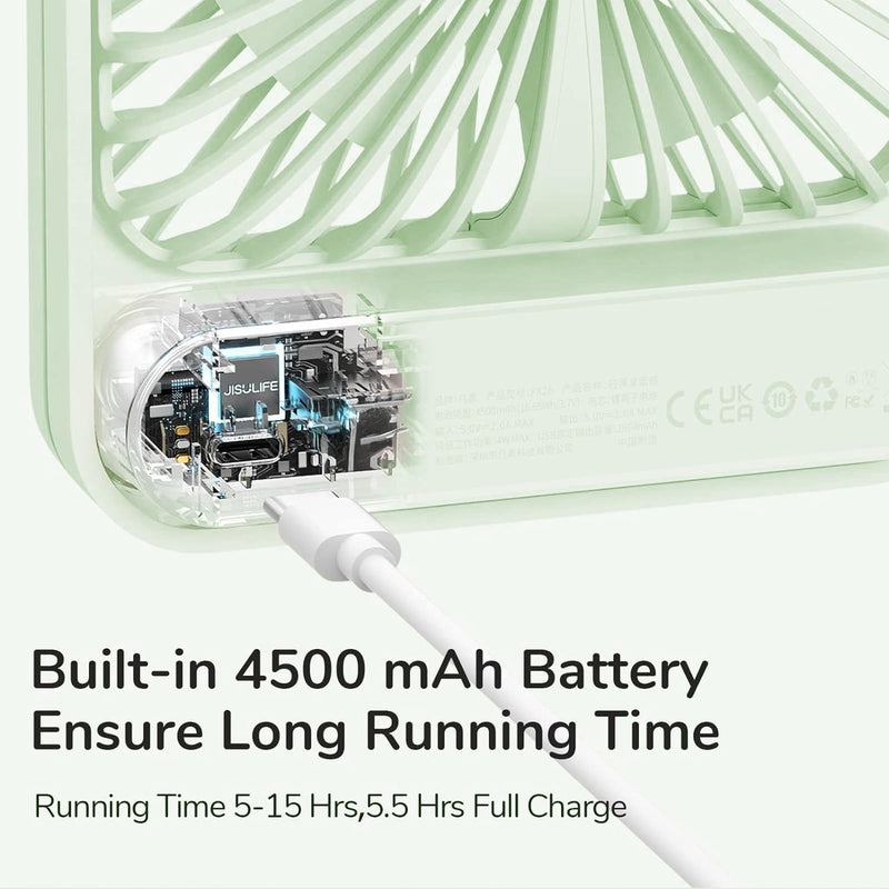 JISULIFE Desk Fan Battery Rechargeable, 4500mAh 180°Foldable Portable Personal Fan, 4 Speeds Adjustable Long Battery-life for Home Office Travel Outdoor Gifts for Women Men-Green Green