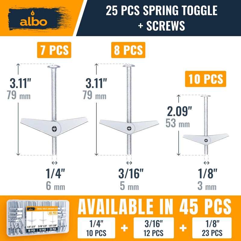 ALBO 25-Piece Heavy Duty Hollow Wall Anchors Kit for Drywall Ceilings with Screw Spring/Includes Toggle Bolts and Wing Nut Assortment in 3 Sizes (1/8in, 3/16in, 1/4in) 25pcs Spring Toggle with Screw Set