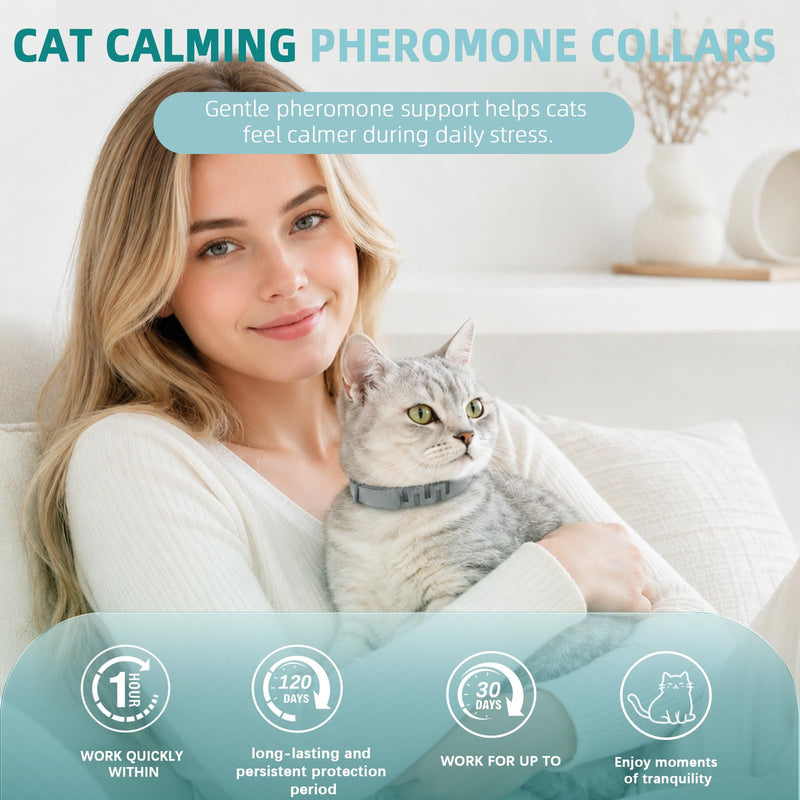 Calming Collar for Cats 4 Pack, Pheromone Stress Relief Collar for Indoor Cats, 15-Inch Adjustable Breakaway Design, 120-Day Support for Travel, Vet Visits, Moving, Fireworks Grey