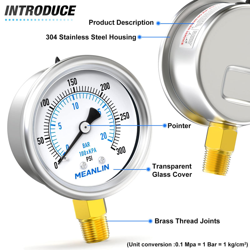 MEANLIN MEASURE 0~300Psi Air Over Water Test Kit, Stainless Steel 1/4" NPT 2" FACE DIAL Pressure Gauge for Leak Detection and Pressure Testing Lower Mount, with 3/4" GHT Brass Fitting and Ball Valve