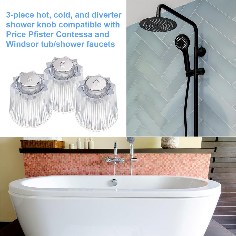 3-Piece Shower Knob Replacements, Universal Clear Acrylic Plastic Hot/Cold/Diverter Shower Knobs Compatible with Price Pfister Contessa & Windsor Bathtub Shower Faucet Handle