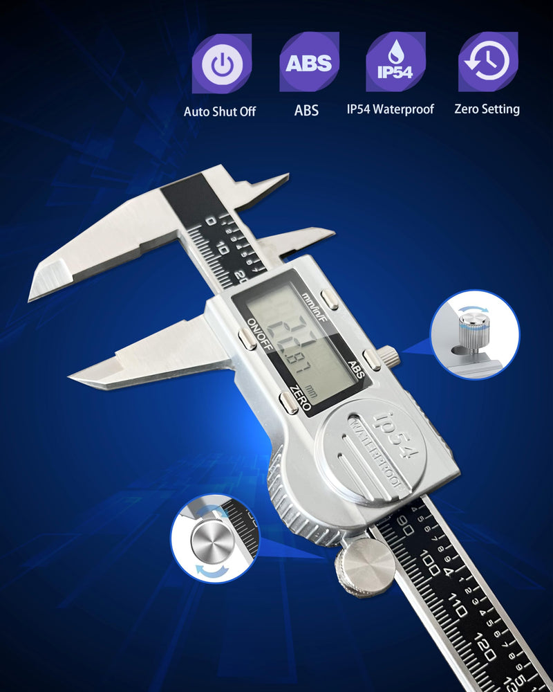 Digital Caliper Measuring Tool, 6 Inch with Feeler Gauges, IP54 Waterproof Stainless Steel, MM/Inch/Fraction, (ABS) Absolute Scale Calipers, Auto-Off LCD Micrometer Vernier Caliper