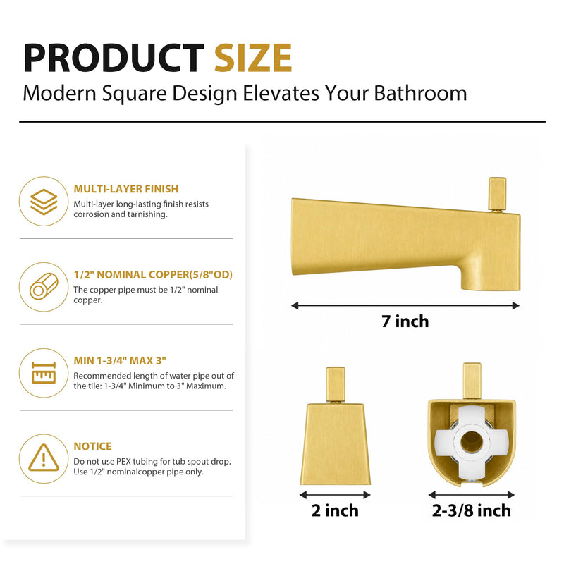 Kedra 7" Diverter Tub Spout, Slip-On Gold Tub Spout with Diverter Brushed Gold