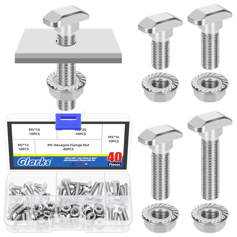 Glarks 80pcs M5 T Slot Drop-in Bolt with Hexagon Flange Nut Set, 10/12/16/20MM Hammer Head T-Bolt, T Shape Stud Sliding Screw, T Screw Stud for European Standard 20 Series Aluminum Profile