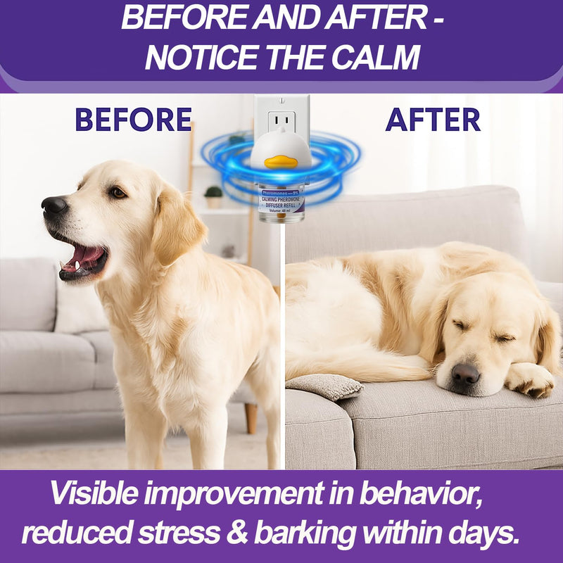 Dog Calming Pheromones Diffuser & 6 in 1 Kit Appeasing Dog Pheromone Diffuser Kit to Calm (2 Plug in+4 x48ml Refill) Calming Diffuser for Dog Reduce Anxiety Fighting Barking Stress 120 Day Supply Purple