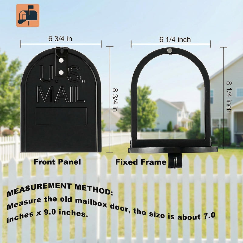 Mailbox Door Replacement Panel-6 1/4"(W) x 8 1/4"(H), Black Metal Snap-in Front Panel with Flat-Head Screws Easy Installation Kit Fits Many Curbside Standard Residential Mailboxes Brick Mailbox