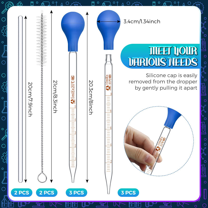 Weewooday Glass Droppers Pipettes Graduated Lab Dropper Glass Liquid Pipette with Big Rubber Hats 20 cm Glass Stir Rod Washing Brush Transfer for Liquid Essential Oil(16 Pieces,Blue,5 Ml, 10 ml) 5 ml, 10 ml Blue 16