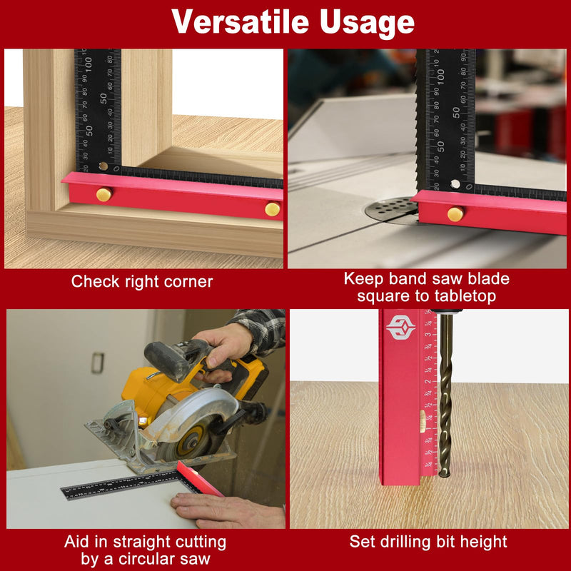 8 Inch Removable Carpenter Framing Square Fence with Edge Marking Ruler, Anodized Solid Aluminum Alloy Body & Brass Knobsn for Woodworking Measuring Ruler Stops Fences Red