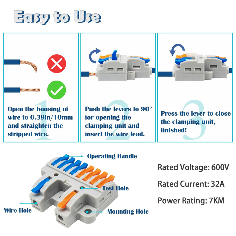 4PCS DIN Rail Terminal Blocks with 8PCS Removable Rail Clip Quick Wiring Cable Connectors Push-in Wire Connector for Circuit Inline 28-12AWG (2 in 10 Out) 2 IN 10 OUT