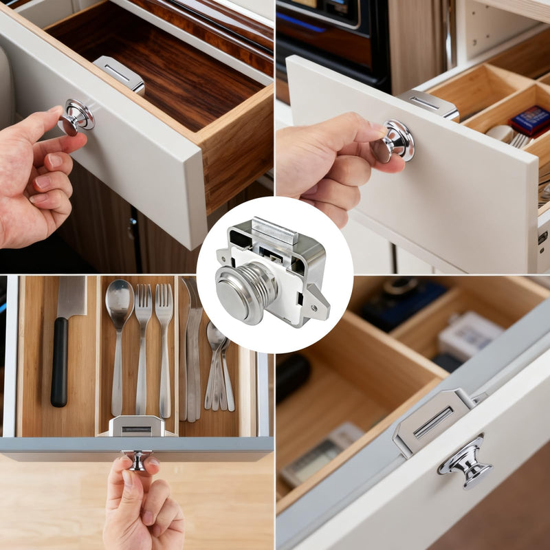 5 PCS RV Push Button Cabinet Door Lock & Marine Drawer Latches, Boat Cupboard Latch Push to Open Locks Closures for Yachts, Camper, Caravan (ABS Body & Zinc Alloy Nickel) Medium L002PN-5pk#NEW