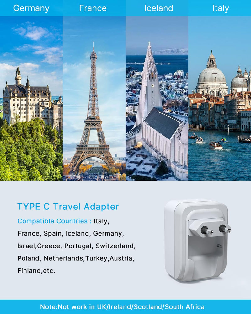 1 Pack European Travel Plug Adapter, VINTAR Foldable International Power Plug with 2 AC Outlets 3 USB Ports(2 USB C), Type C Travel Essentials Charger for US to Most of Europe EU Italy Spain France Type C - Most of Europe - 17W