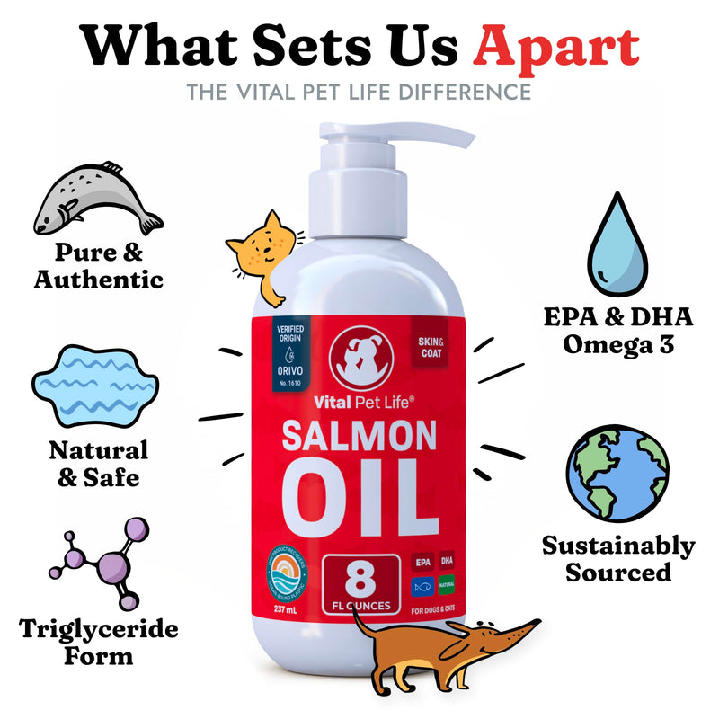 Salmon Oil for Dogs & Cats - Healthy Skin & Coat, Fish Oil, Omega 3 EPA DHA, Liquid Food Supplement for Pets, All Natural, Supports Joint & Bone Health, Natural Allergy & Inflammation Defense, 8 oz 8 Ounce Salmon Oil