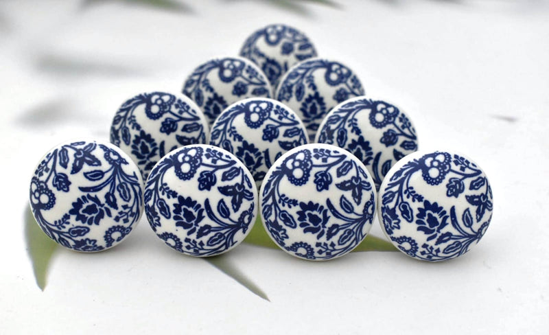 Beautiful Blue and White Ceramic Knobs - Set of 10 Decorative Floral Print Round Knobs Kitchen Cabinet Drawer Knobs | Elegant Wardrobe & Dresser Pulls with Glossy Finish (1.5-Inch Diameter)