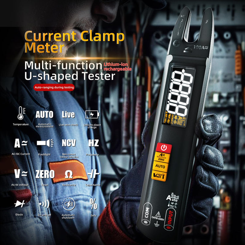 Digital Clamp Meter AC DC Current Open Jaw Fork Meter Rechargeable Auto Ranging Multimeter NCV Amp Volt Ohm Electrical Tester Pen Shape Tester
