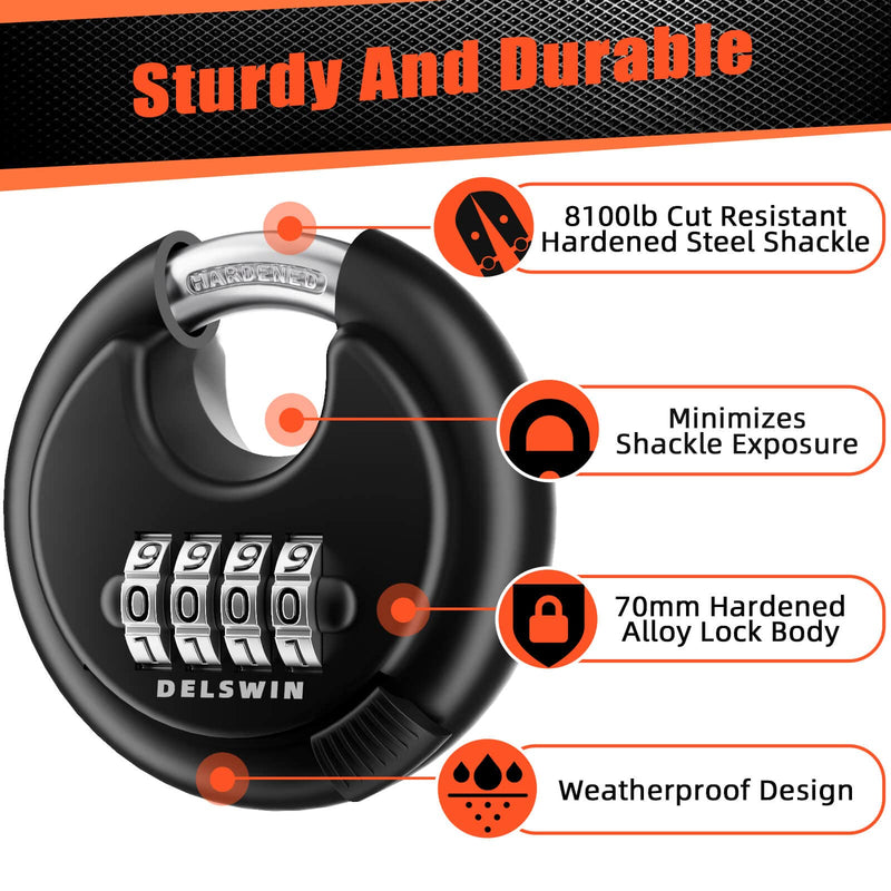 DELSWIN 4-Digit Disc Combination Lock Outdoor - Heavy Duty Combination Padlocks with Hardened Steel Shackle Weatherproof Combo Locks for Gates,Sheds,Fence,Storage Unit (3/8" Shackle, Black,2 Pcs) Black 2Pcs