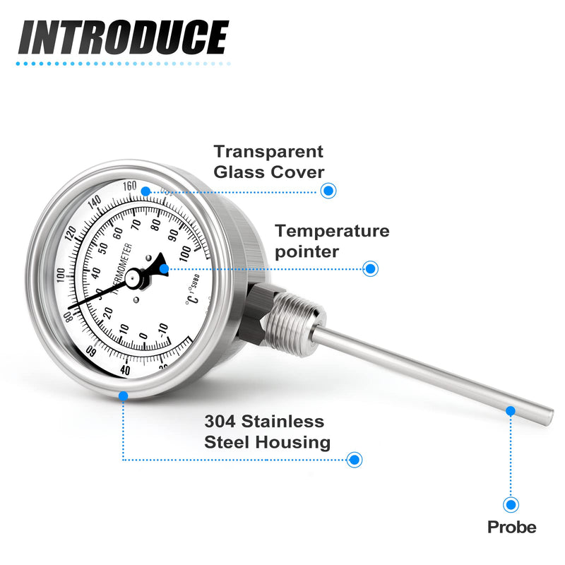 MEANLIN MEASURE 1/2" NPT Bimetal Thermometer for hot Water, boilers, and Pipes，3.2" Dial, 4.4" Stainless Steel Stem，Temperature Range 0-220°F/-10-100 ° C, Accuracy 2%,Lower Mount 3.3Dial/0-220°F(Lower Mount)