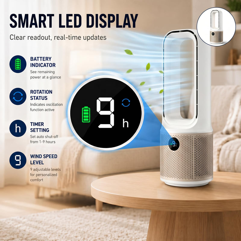 Bladeless Desk Fan, USB Rechargeable, Quiet, 9 Speeds, 60° Oscillation 13 inches