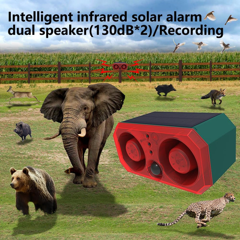 Solar Outdoor Motion Sensor Alarm with 13Sounds, WONFAST 130db Dual Speaker Gunshot Dog Barking Sound Recording and Adjustable Volume Warning Security Strobe Light for Farm Yard Orchard Barn (1PCS) 1PCS