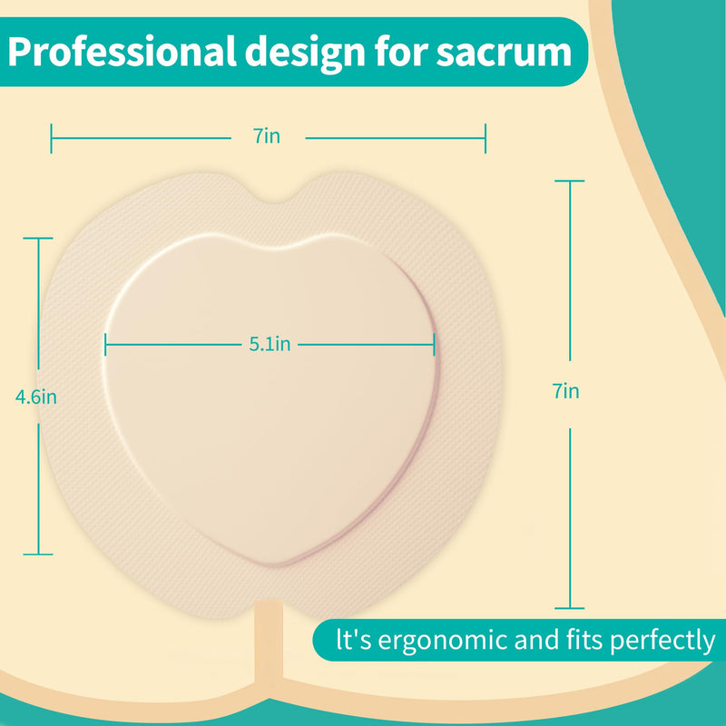 Sacrum Silicone Foam Dressing with Border - Sacral Wound Dressing Adhesive for Wound Care, Waterproof Absorbent Bandages for Sacral Ulcer, Pressure Ulcer, 7" x 7", 5 Pack, FSA HSA Eligible 7 x 7 Inch (5PCS)