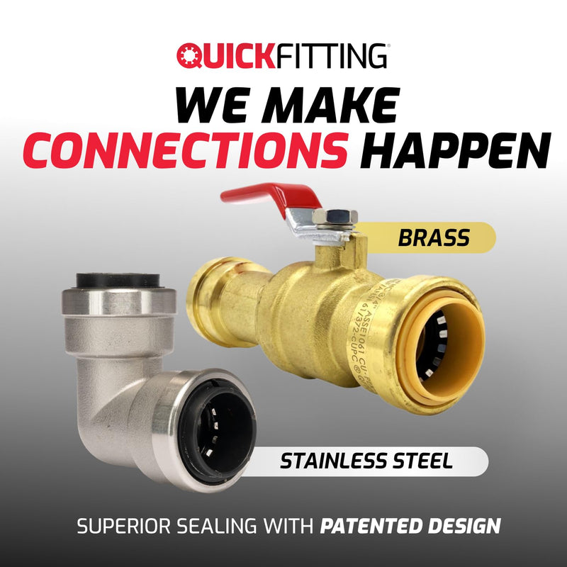 QuickFitting 1/2 Inch Tee Connector, Push to Connect Brass Plumbing Fitting with Slip Clip Disconnect Tool, for Copper, PEX and CPVC, 5 Pack 1/2 inch (5-Pack)