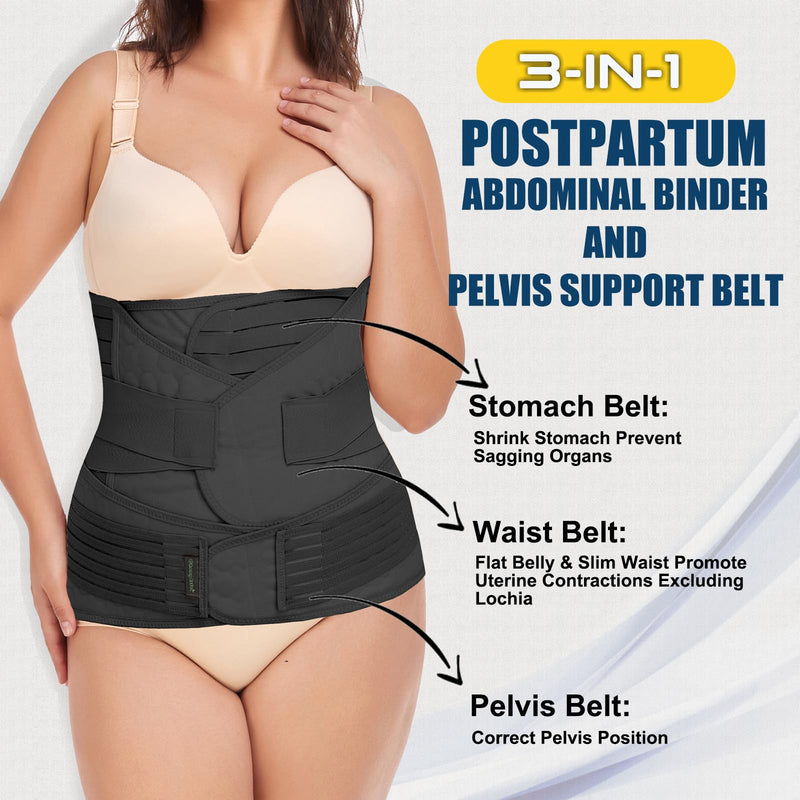 ChongErfei 3 in 1 Postpartum Belly Wrap - Recovery Belly/Waist/Pelvis Belt Black Postpartum Belly Band,Black L/One Size Large(One Size)