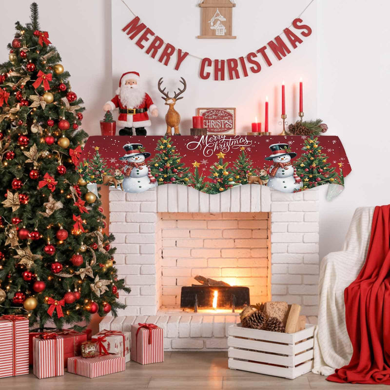DecorLovee Dark Red Christmas Mantle Scarf 90x17 Inch, Xmas Snowman Fireplace Christmas Decorations Cover Runner, Tree Elk Snowflake Christmas Mantel Decorations Xmas Mantel Scarves 90 x 17 Inches