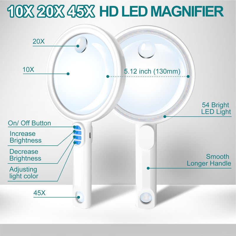 Large Magnifying Glass with Light, 54 LED Rechargeable Lighted Magnifier with 5 Color Modes & 20 Brightness Levels, 10X/20X/45X Handheld Magnifier for Seniors Reading, Coin Inspection