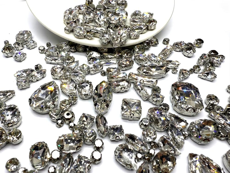 260 PCS/Pack 9 Shapes 24 Sizes Mixed Clear Crystals, Silver Sew on Glass Rhinestones,Crystal Gems Mental Flatback with Silver Claw, for Jewelry Crafts Costume DIY Garment R1-Silver