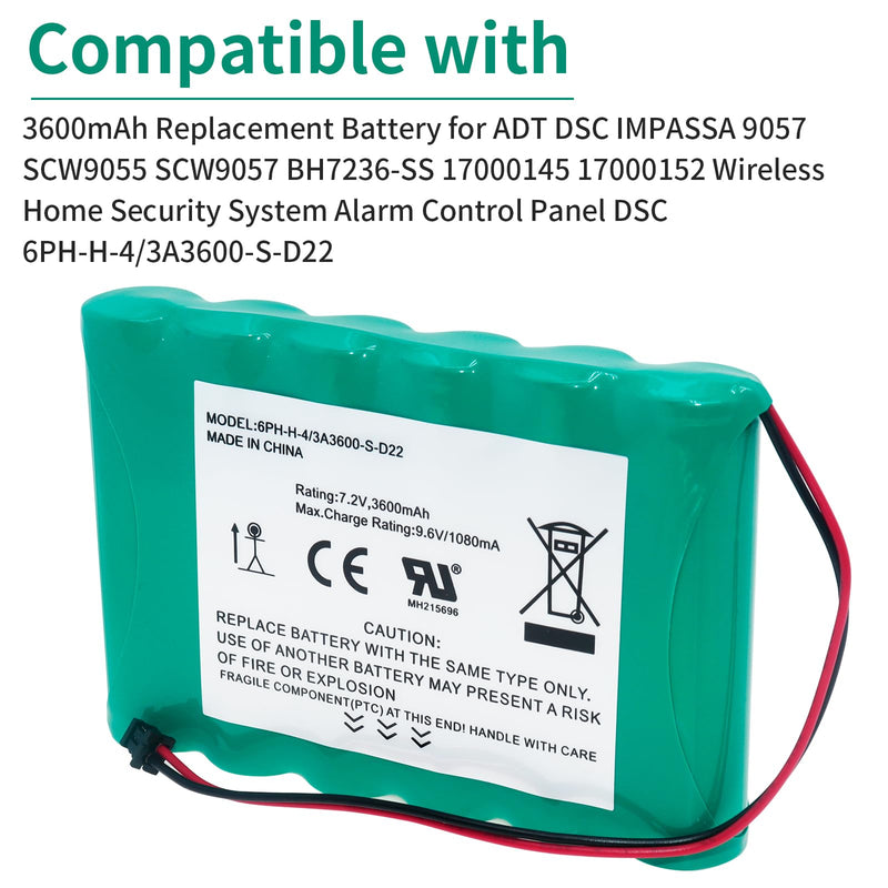 3600mAh Replacement Battery for ADT DSC IMPASSA 9057 SCW9055 SCW9057 BH7236-SS 17000145 17000152 Wireless Home Security System Alarm Control Panel DSC 6PH-H-4/3A3600-S-D22