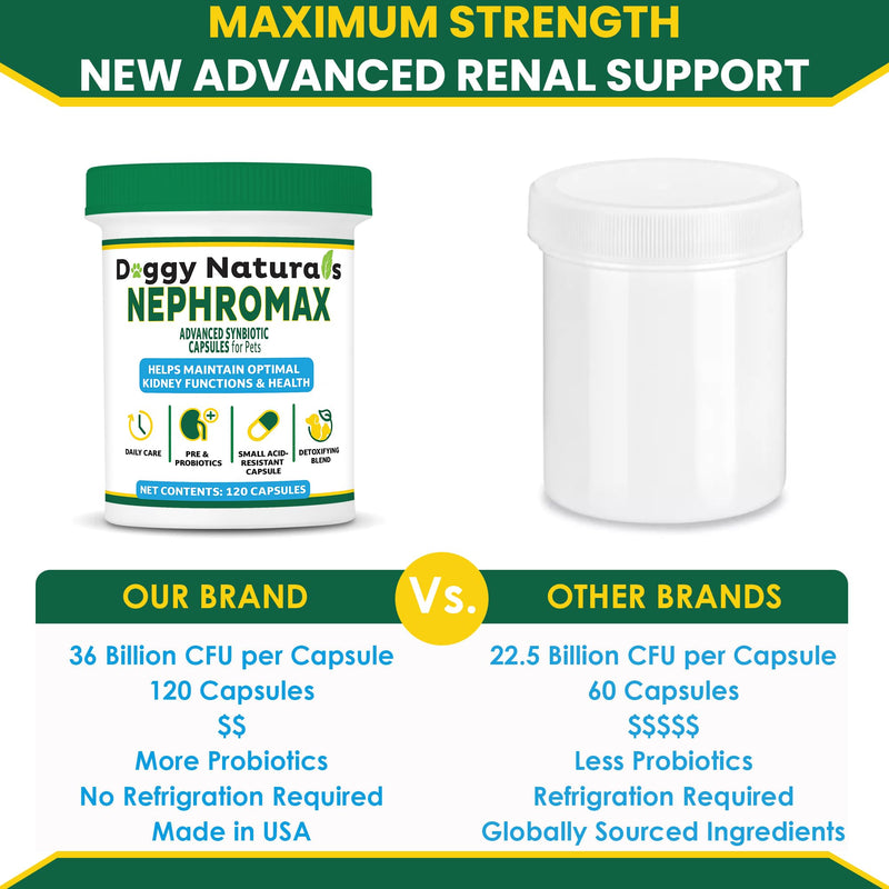 NEPHROMAX™ Synbiotic Capsules for Kidney Support for Dogs & Cats - 36 Billion CFU-Advanced Next-Generation Enteric detoxifying Blend of Pre & Probiotics Kidney Support U.S.A (120 Small Capsules) 120 Caps