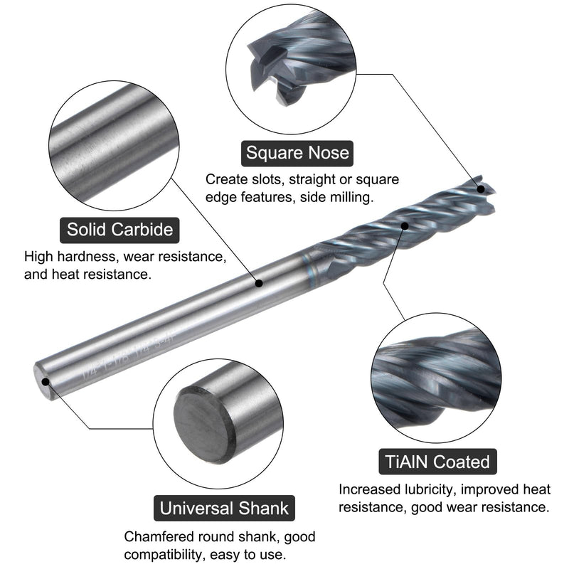 uxcell Carbide Square End Mill, 1/4" Diameter TiAlN Coated 4 Flutes Milling Bit Cutter, for Hardened Steel Stainless Steel Alloy Metal, 1/4" Shank 1-1/8" Cut Length 3" Long HRC50