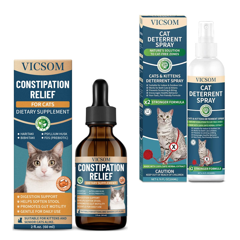 VICSOM Cat Constipation Relief for Cats & Cat Deterrent Spray Bundle, Natural Liquid Constipation Drops for Cats, Natural Cat Repellent Spray, Chicken Flavor 60 Ml + 6.76 FL Oz