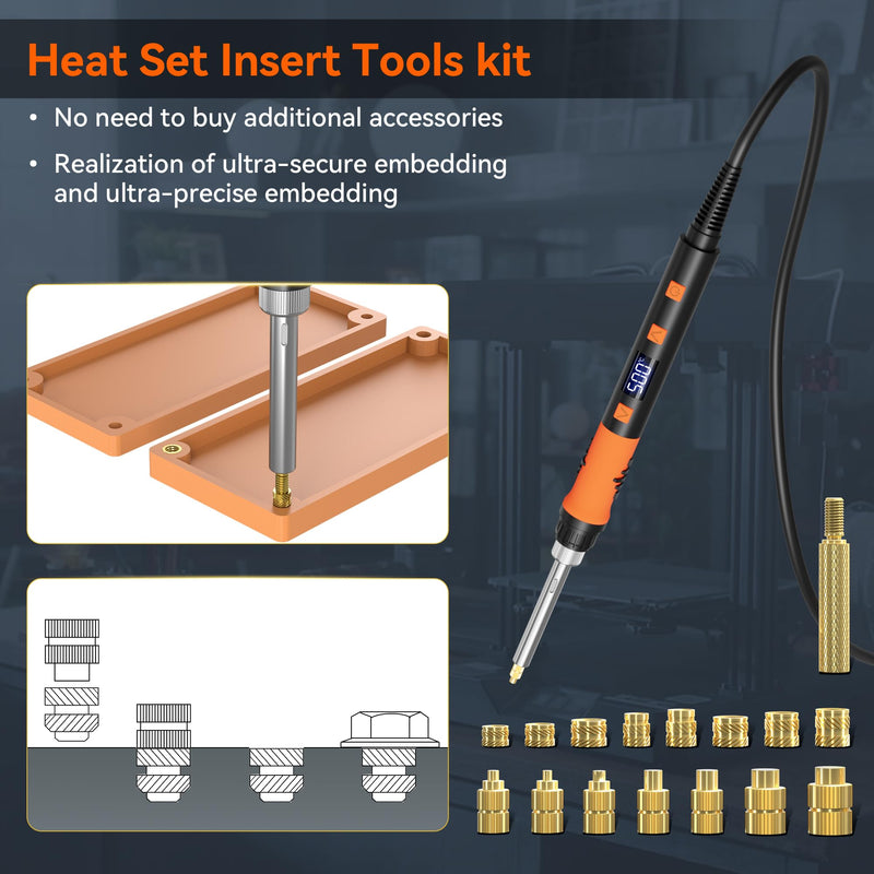 Threaded Inserts Set, 220Pcs Heat Inserts & Heat Set Insert Tips (M2 M2.5 M3 M4 M5 M6 M8), 90W Soldering Iron, Heat Insert Tool for 3D Printed and DIY Plastic Parts