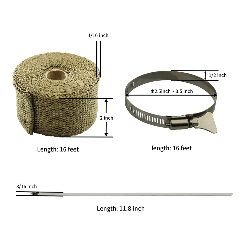 DOBTIM Fireproof Pipe Wrap Insulation 2" Wide X 16' Long, Fiberglass Heat Shield Tape Pipe Webbing for Stove Flue Protector with 2 Clamps, Titanium Titanium-16Ft